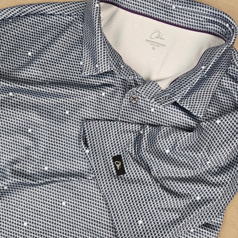 Obla Mens Performance Polo Shirt XL Navy Blue White Geometric Houndstooth Golf